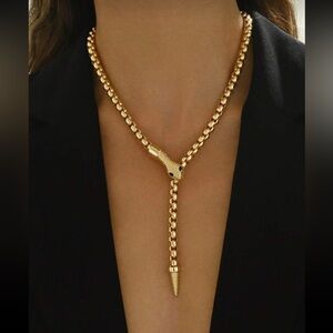 Gold Tone Snake Head Lariat Necklace Statement Chain Drop Necklace